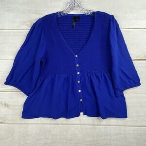 Cascais Top Womens 3X Blue Cropped Smocked Pullover V Neck 3/4 Sleeve Flowy Boho